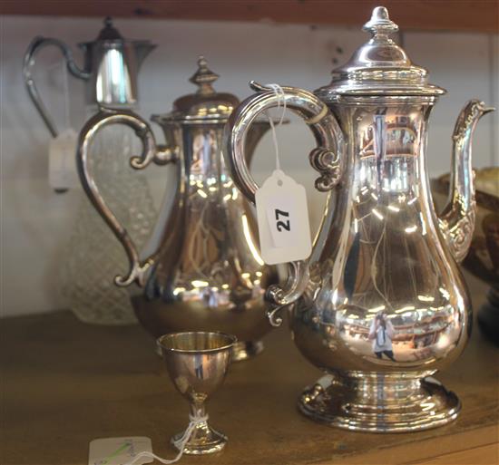 Silver egg cup, cut glass claret jug with plated mount & a plated coffee pot with matching hot water jug